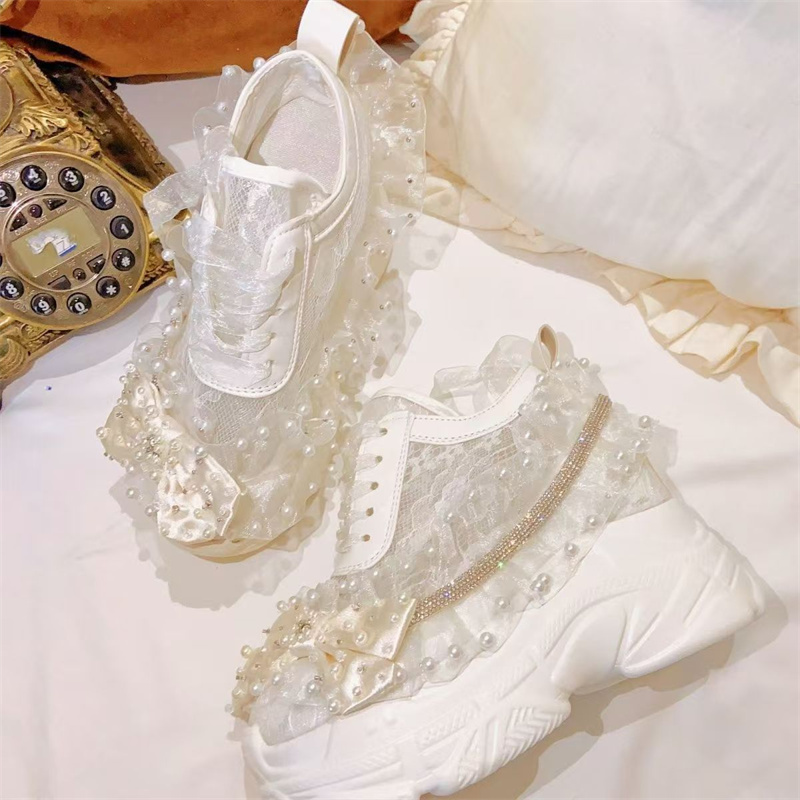 Crystal Mesh Fabric - Sepatu wanita renda sol tebal berlian