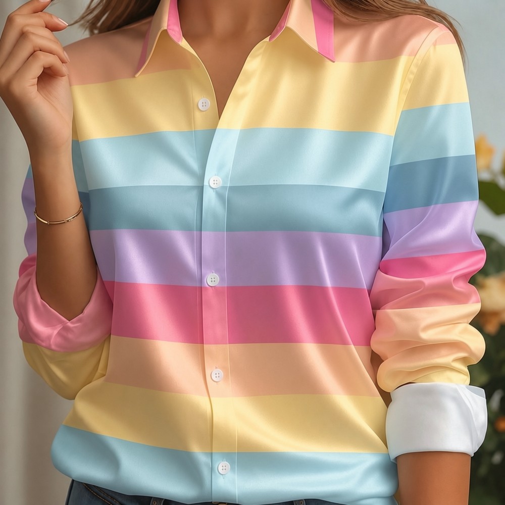Embellish Knit - Kemeja Wanita Kerah Satin Bergaris Pastel