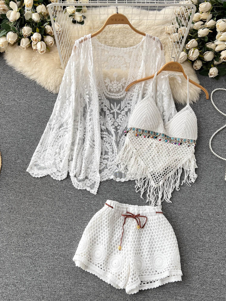 Tassel Fringe Trim - Setelan Liburan Musim Panas Wanita, Cardigan