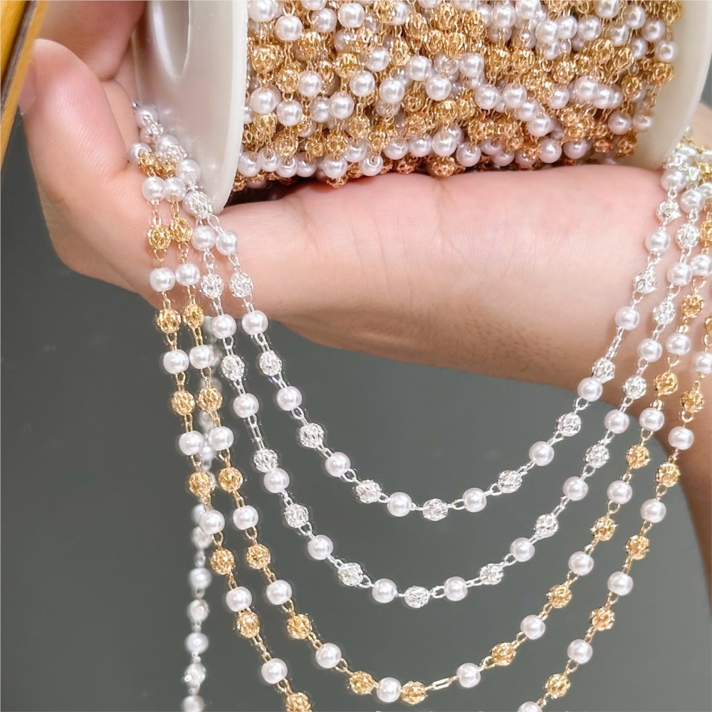 Pearl Trim Chain - Rantai Kuningan Mutiara Imitasi 0.5 Meter/1