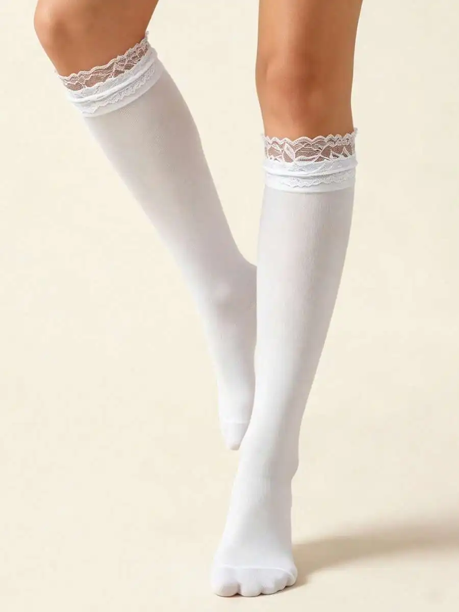 Elastic Lace Trim - 1 Pasang Kaus Kaki Setinggi Lutut