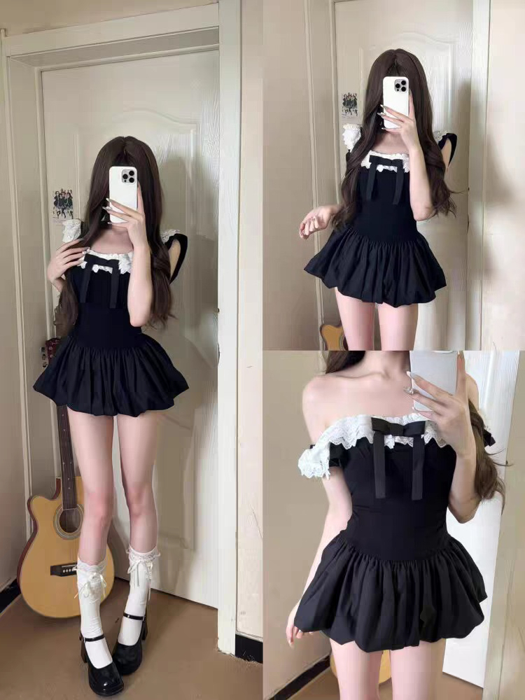Set 2 potong gaun mini bubble  - Elastic Lace Trim ulasan dan harga