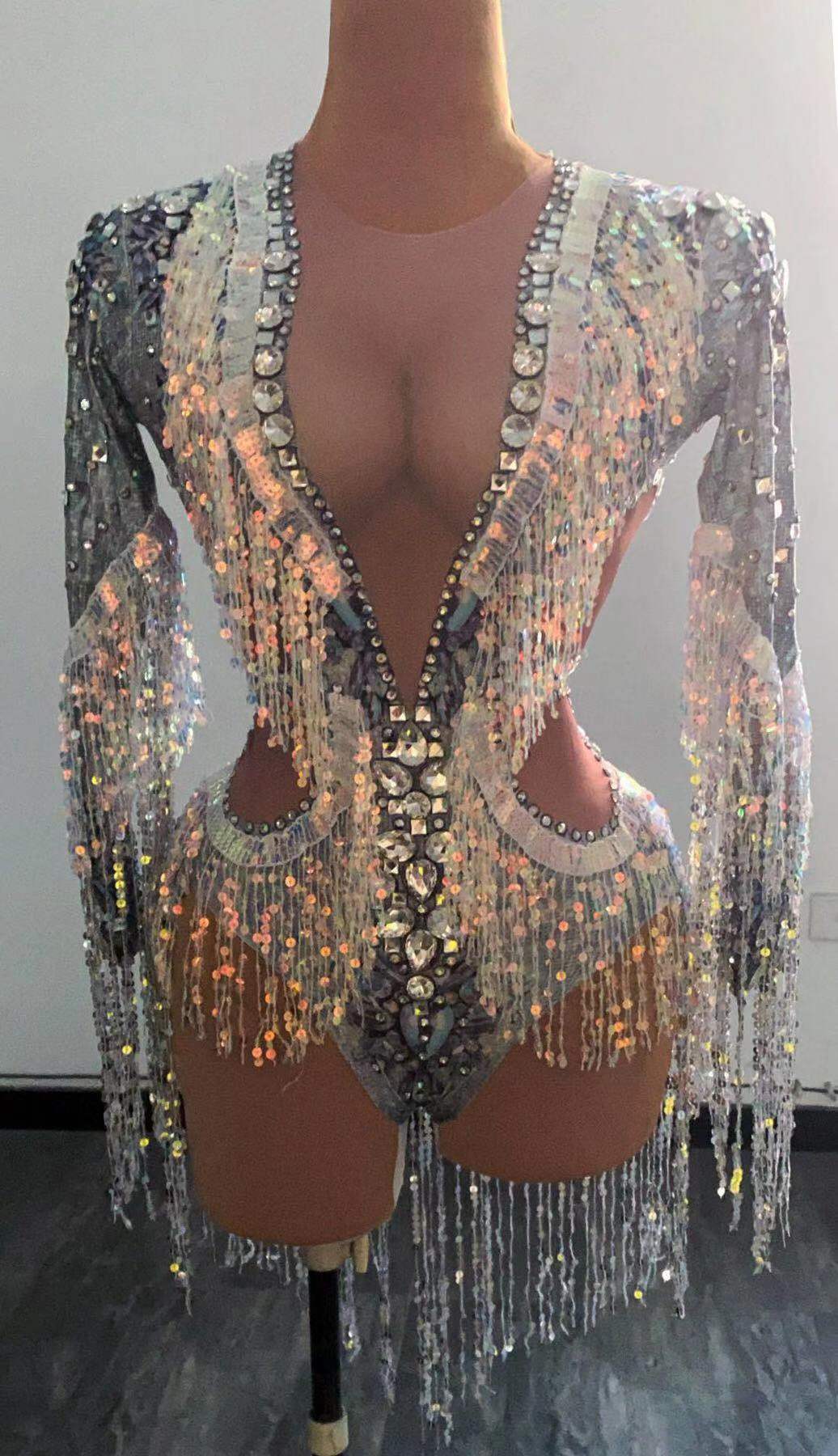 Bodysuit Pesta Rumbai Manik-ma - Rhinestone Banding Trim ulasan dan harga