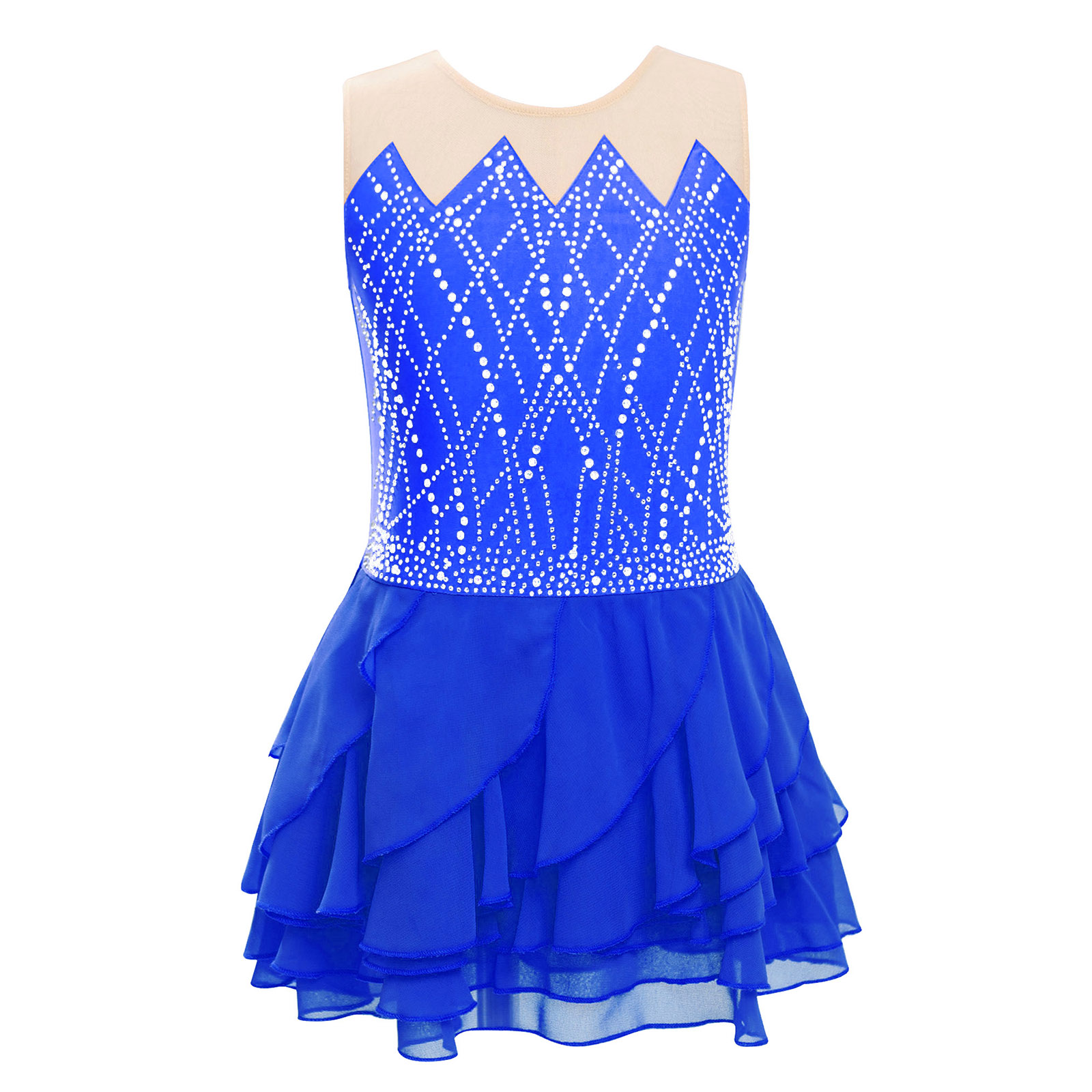 Gadis Mesh Figure Skating Gaun - Rhinestone Banding Trim ulasan dan harga